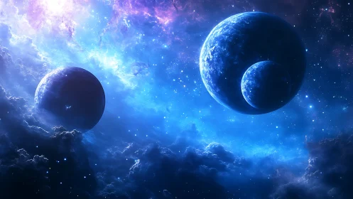Dramatic blue alien planets in luminous cosmic clouds.