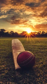 Cricket bat and ball resting under a burning sunset sky.