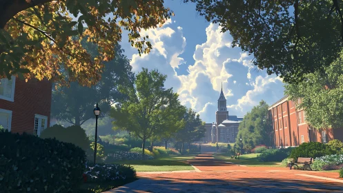 Sunlit college quad walkway leads toward distant clock tower