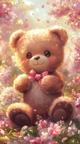 Digital painting of plush teddy bear amid luminous blossoms.