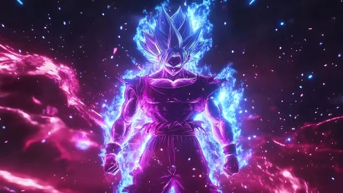 Energy-charged anime warrior framed by neon aura.