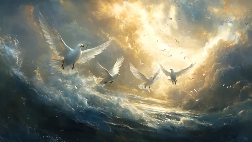 White birds fly above turbulent ocean under glowing sky