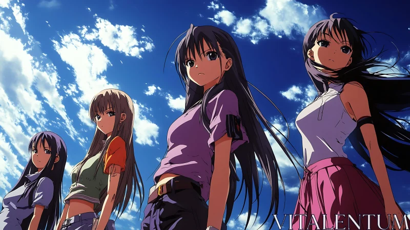 Four determined girls under vivid summer sky, low angle.