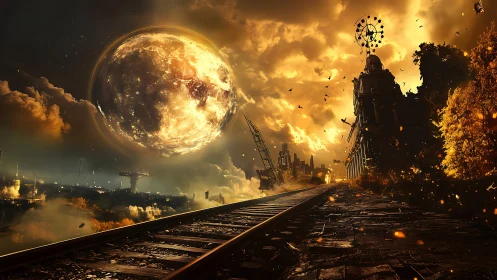Glowing planetary sphere over dystopian rail line at sunset
