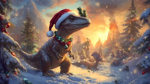 Dinosaur in winter forest wearing Santa hat and lights.