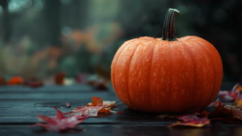 Rain-kissed autumn pumpkin resting on a twilight table.