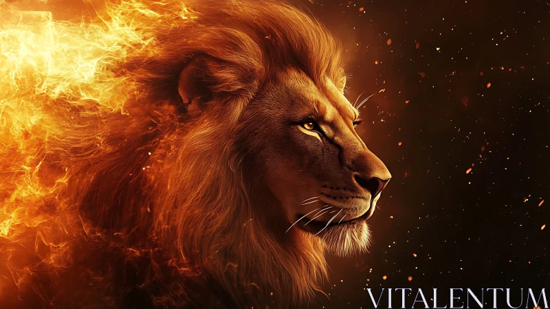 Fiery lion profile portrait with blazing cosmic mane.