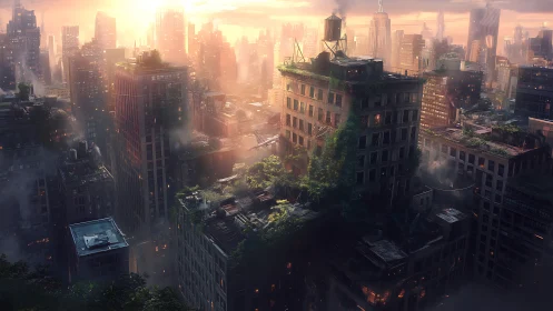 Sunlit post-apocalyptic skyline with overgrown rooftop ecosystems and haze