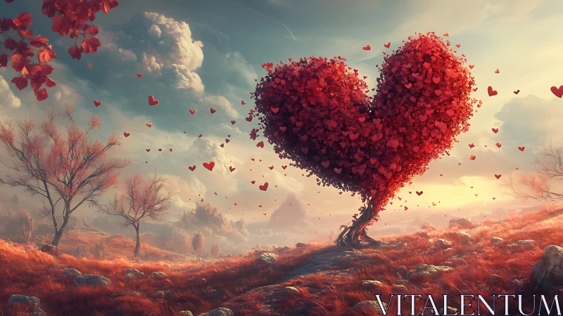 Heart-Shaped Tree Emitting Cascading Red Particles Against Luminous Sky.