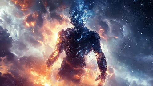 Cosmic fire and ice being walking through swirling stardust.