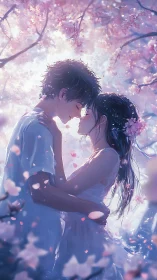 Backlit couple embraces under dense, glowing cherry blossoms