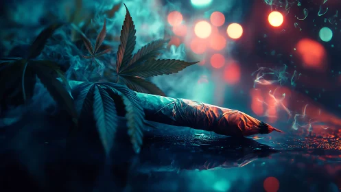 Neon bokeh cannabis joint with leaves in cinematic night haze