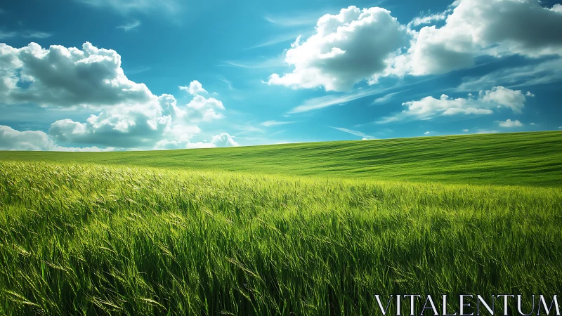 Sunlit green meadow under a peaceful wide open sky.