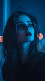 Pensive woman in neon blue light gazes toward distant dreams