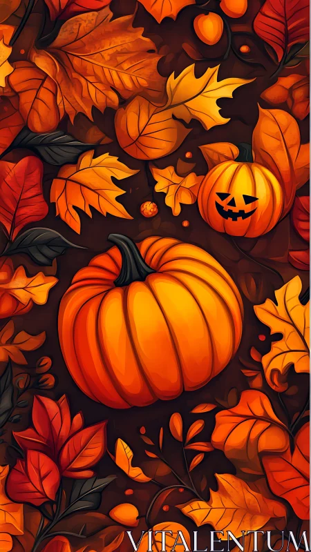 Autumn pumpkins with stylized foliage in warm orange palette.