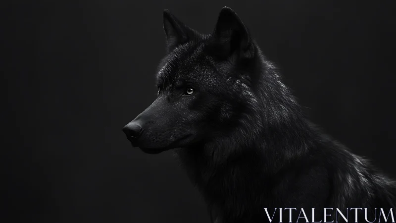 Midnight black wolf gazing softly into the quiet dark.