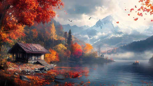 Digital painting of autumn lakeside cabin and alpine vista.