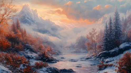 Sunlit autumn valley meets frosted alpine peaks in harmony.