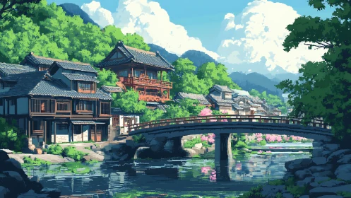 Pixel art riverside village with arched bridge composition.