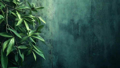 Specular foliage against textured teal patina wall surface.