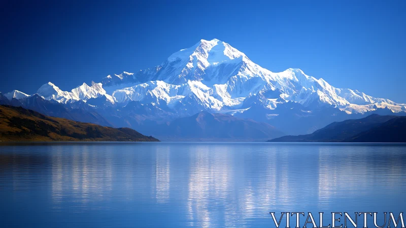 Glacial massif reflected across mirror-still alpine lake surface.