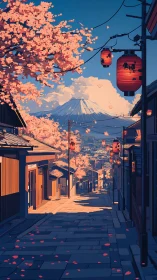 Spring alleyway with lanterns framing distant Mount Fuji view