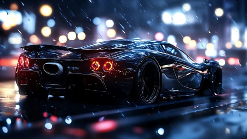 Midnight supercar glowing through a rainy neon city street.