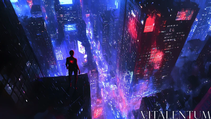 Silhouette superhero overlooking neon cyberpunk city at night.