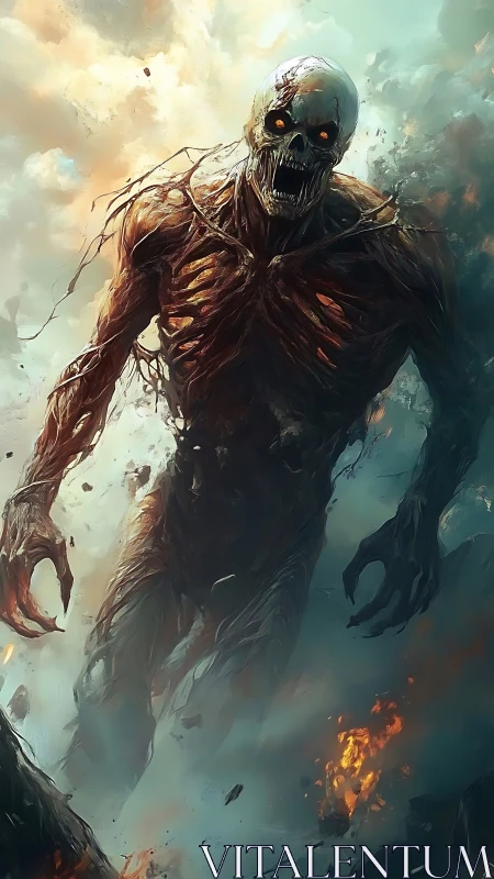 Towering flaming corpse strides through smoke and ruin