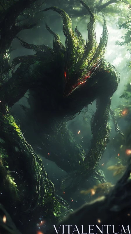 Forest-born elemental looming in misty ethereal light.