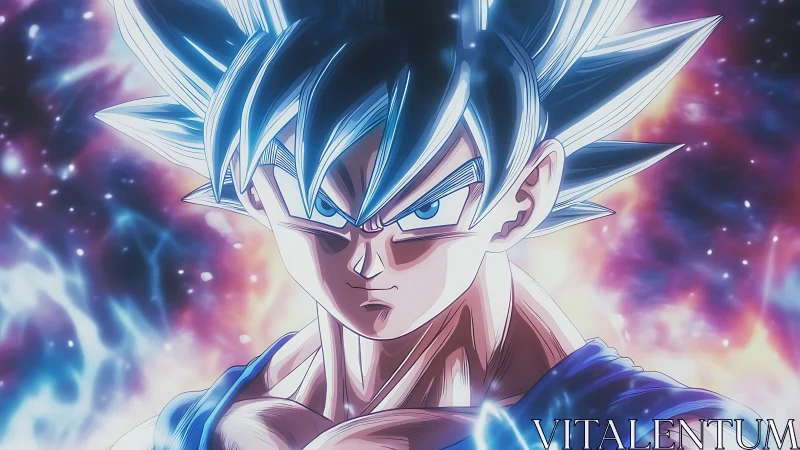 Spiky haired anime warrior with glowing energy aura field.