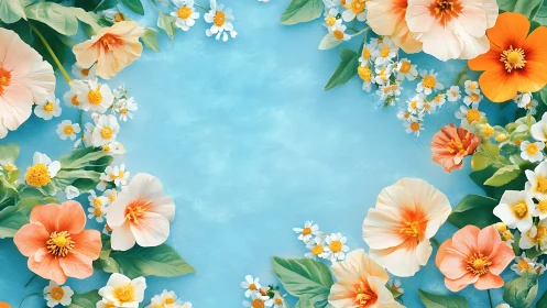 Layered Floral Composition: Cream Dahlias, Orange Blossoms on Cerulean Ground