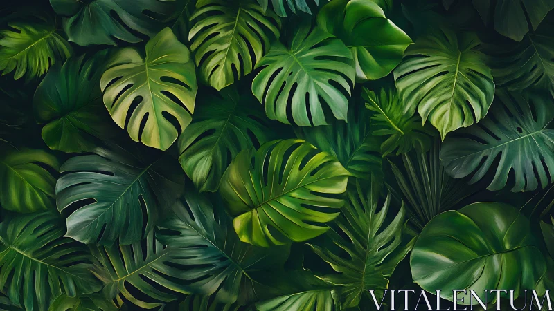 Emerald jungle leaves weave a lush, layered tropical tapestry.
