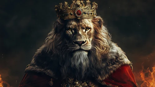 Regal crowned lion in fiery royal portraiture focus.