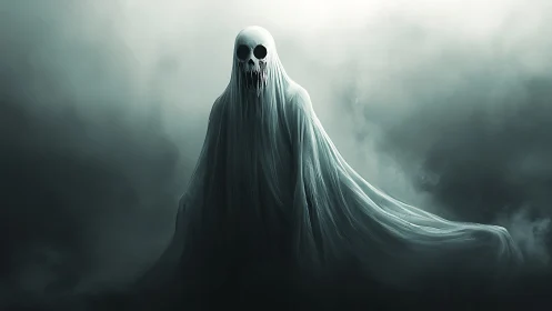 Spectral shrouded wraith with skull mask in dense volumetric fog