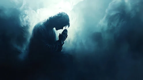 Silhouetted figure in prayer surrounded by swirling mist.