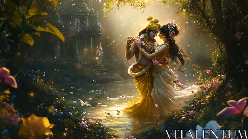Divine Couple in Ethereal Garden: Radiant Mythological Romance Scene.