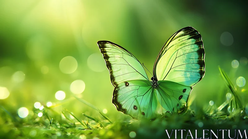 Luminous green butterfly rests in dewy, sunlit grassland.