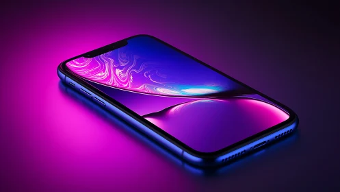 Modern smartphone with vibrant holographic display on neon gradient background.