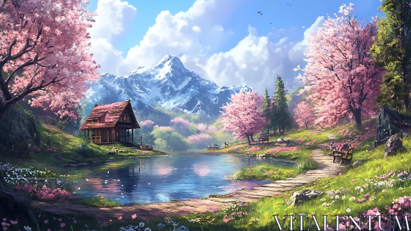 Lakeside cabin under cherry blossoms and snowy peaks.