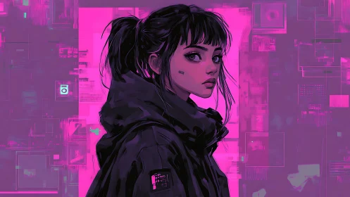 Cyberpunk portrait of young woman in dark jacket.