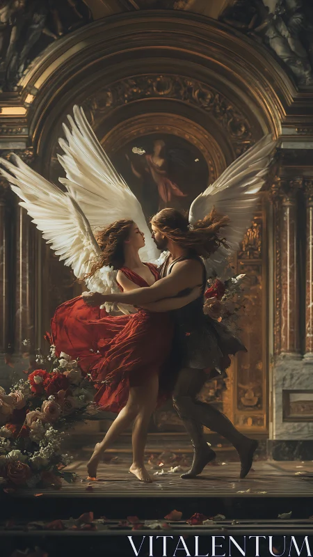 Angelic lovers embrace in a baroque hall filled with golden light