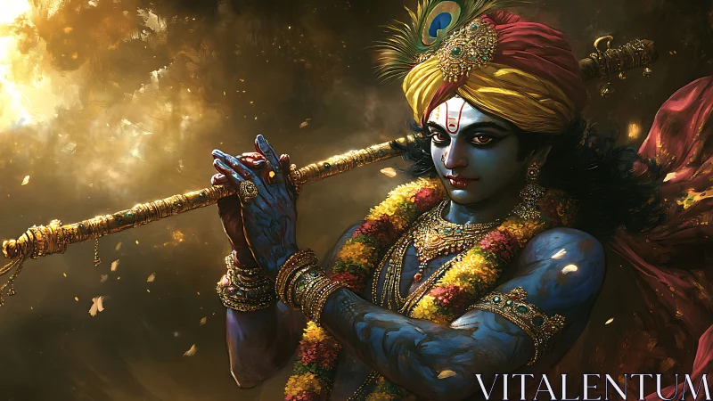 Divine blue-skinned flutist rendered in ornate digital realism