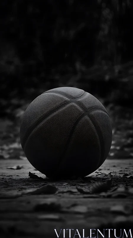 Lone streetball relic resting in moody grayscale silence.