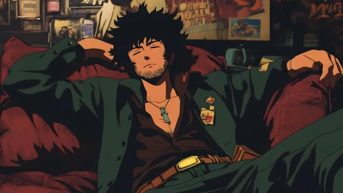 Relaxed noir drifter reclining in cinematic anime lounge.