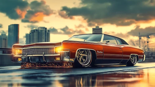 Lowrider classic car on wet rooftop amid city skyline.