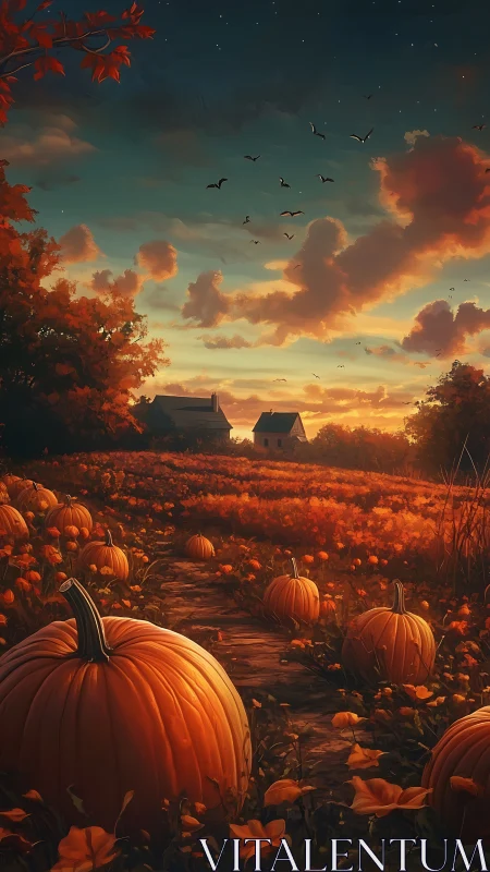 Golden sunset glows over tranquil autumn pumpkin fields.