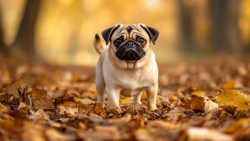 Small autumn pug patrols a golden sea of crunching leaves