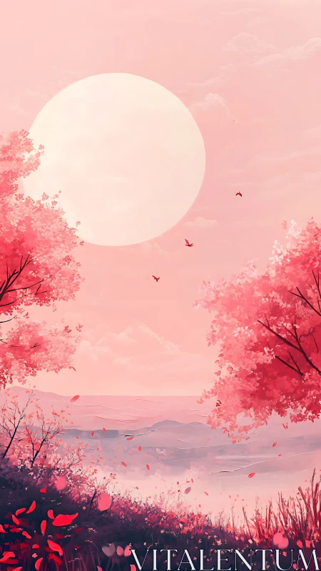 Crimson trees frame oversized sun above misty valley