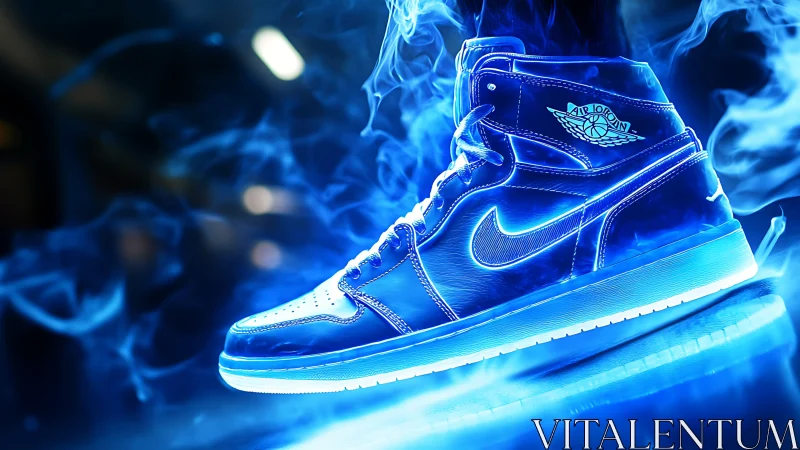 Glowing blue sneaker steps into a bold, electric dreamscape.